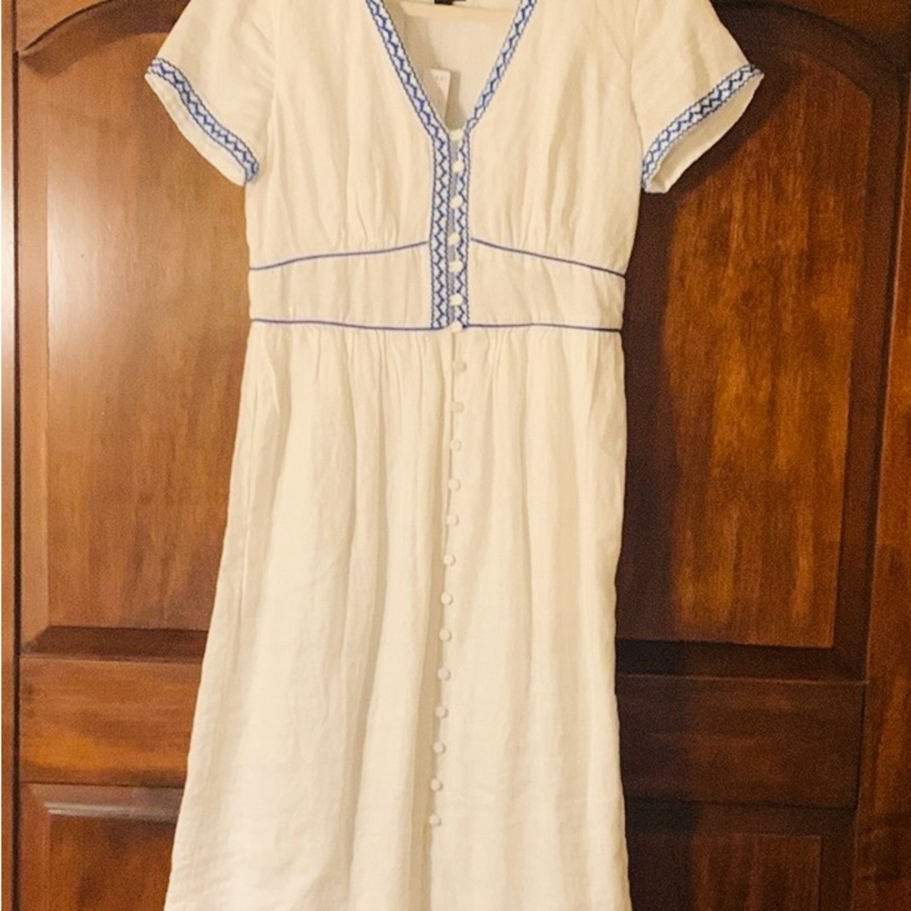 NWT J Crew White Embroidered Linen Dress with Blue Accents